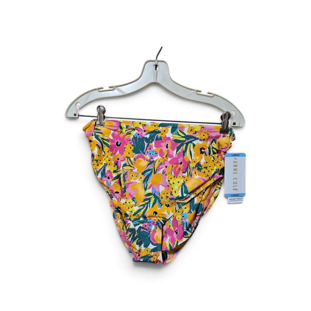 Anne Cole Floral High Waisted Convertible Bikini Bottoms Pink Yellow Large 0561